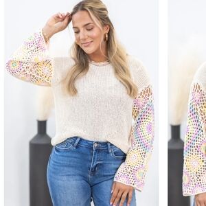 Allie Rose Polyester Knit Sweater Crochet Grandma Squares Sleeves Size S